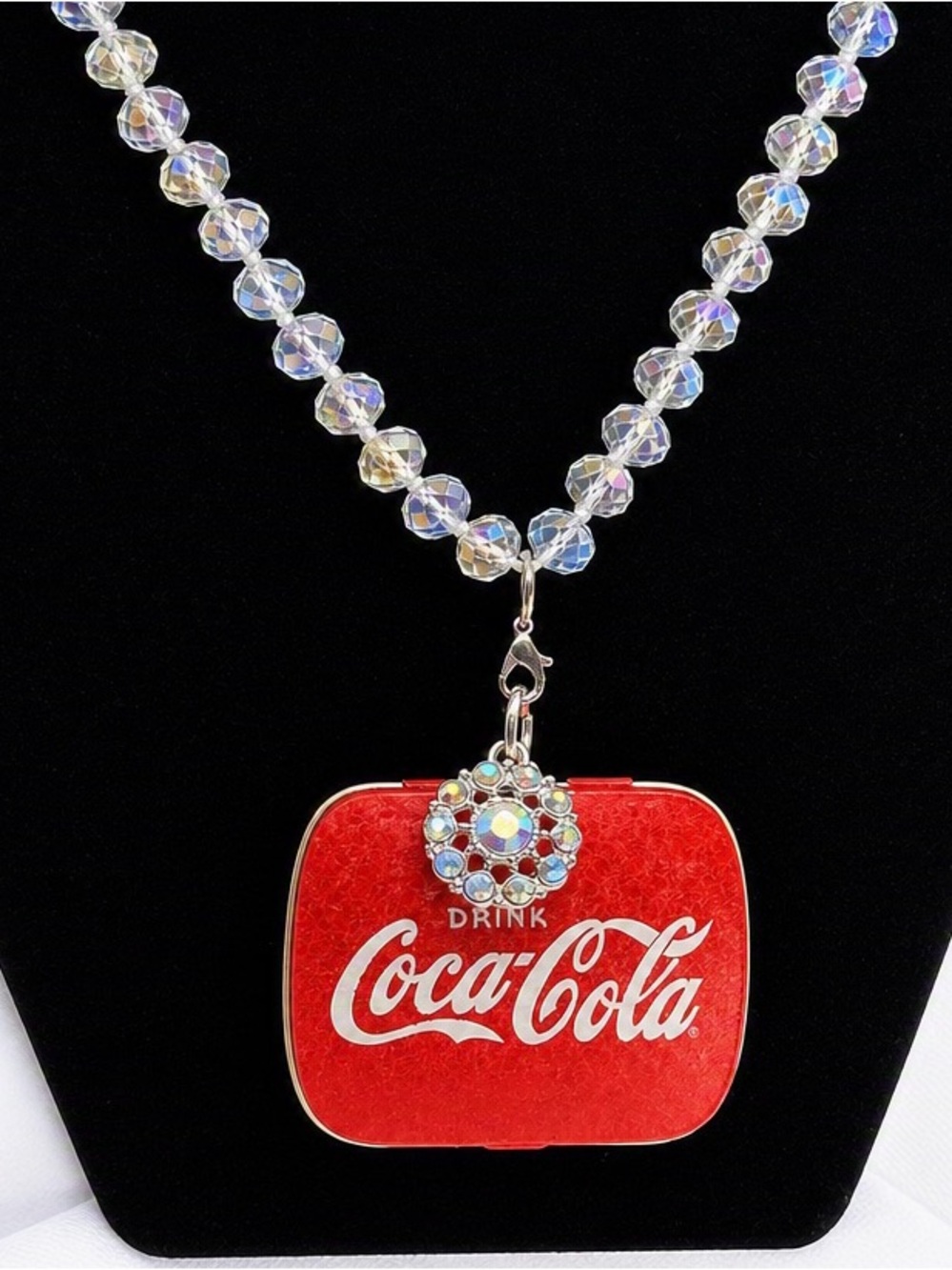 Handmade Coca‑Cola Pendant Necklace • Iridescent Beads • Upcycled Jewelry